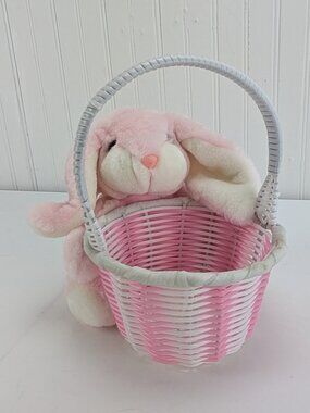 Vintage Dan Dee Woven Plastic Easter Basket with Plush Bunny Rabbit Pink White